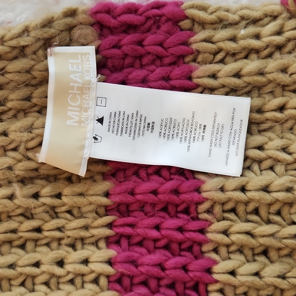 Michael Kors Stripe Fringe Knit Scarf Fushia Pink and Tan - Picture 8 of 12